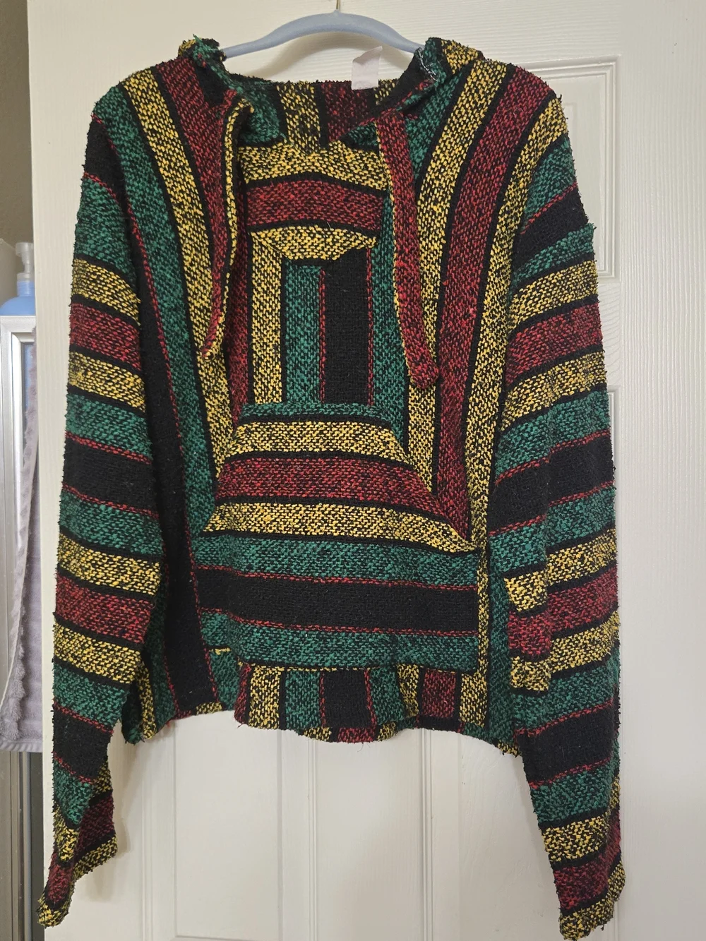 Men's Striped Hooded Poncho in Black, Green & Red Size Large